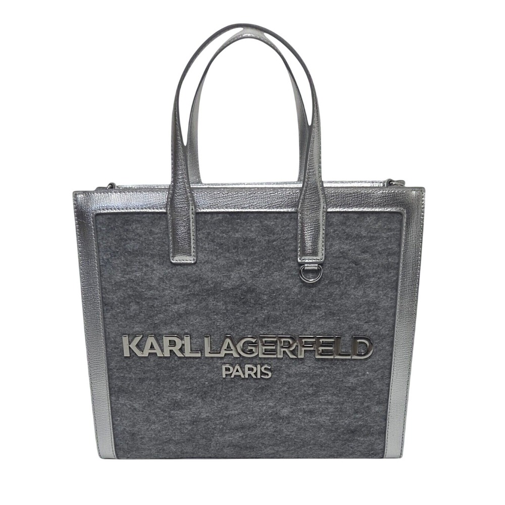 Karl Lagerfeld Paris Metallic Silver Charcoal Grey Felt Tote Crossbody Bag